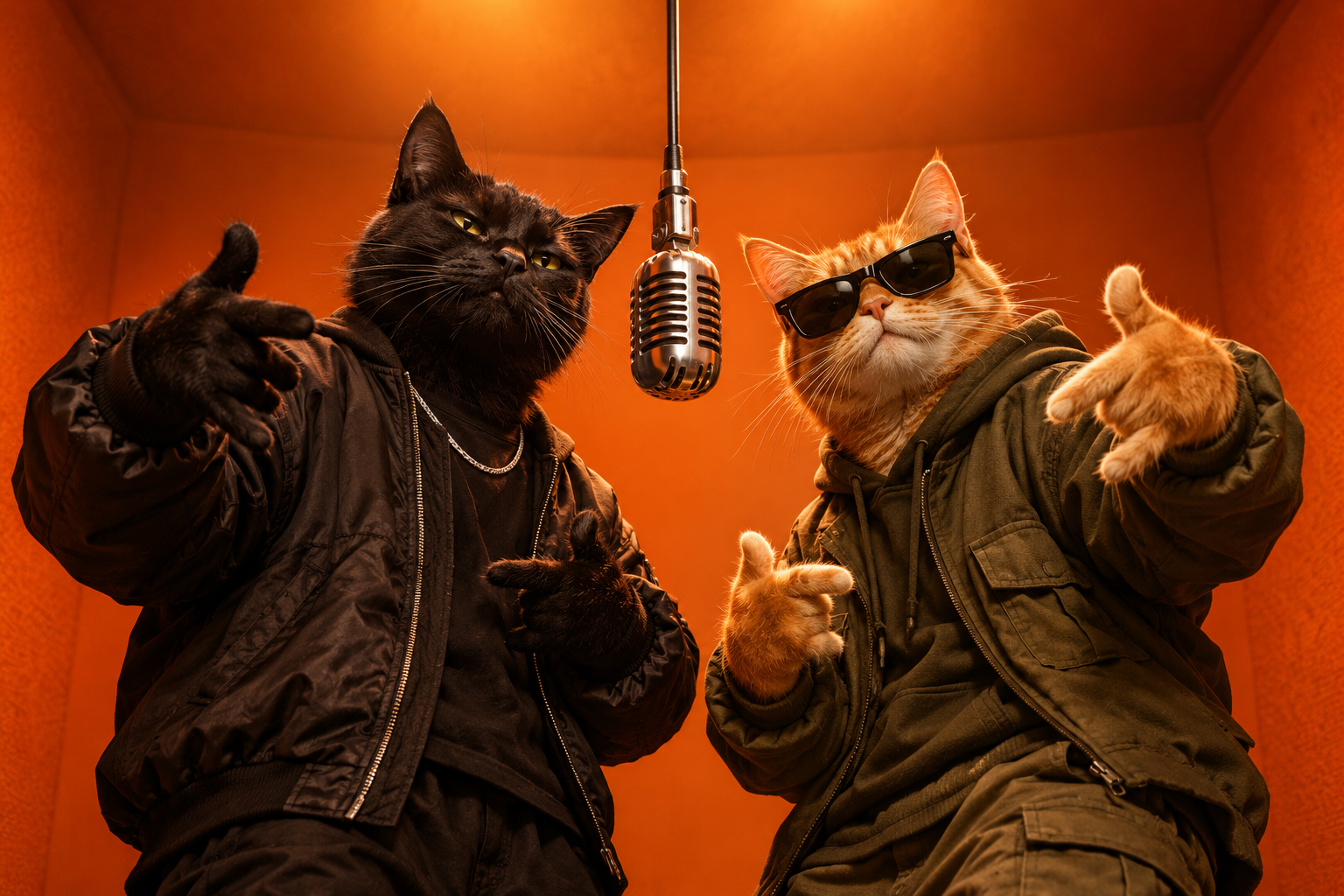 Original AI artwork of two cats rapping in an orange studio